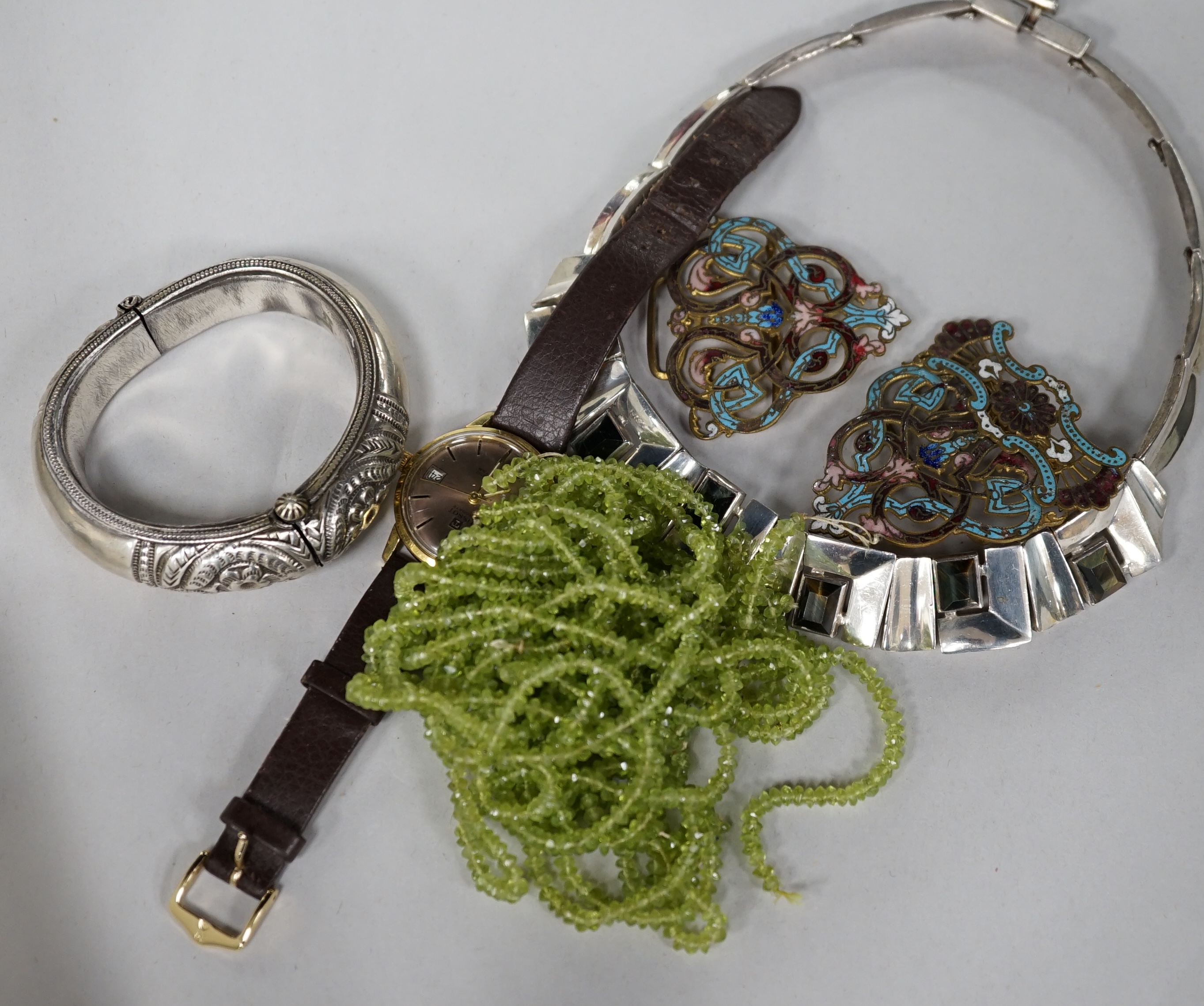 A Mexican 925 necklace and necklet and other assorted jewellery including costume and a Tissot wrist watch. Condition - poor to fair